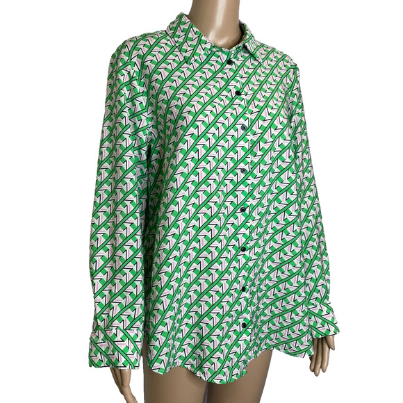 Women's Large Rachel Zoe Green Pattern Rayon Button Down Shirt - Picture 2 of 5
